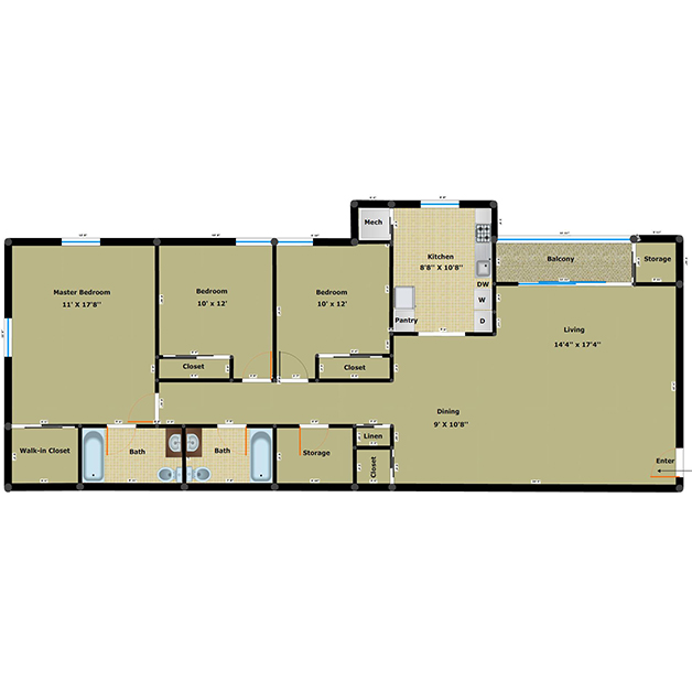 3 bedroom 2 bathroom floor plan of Cabin Creek apartments in Henrico, VA
